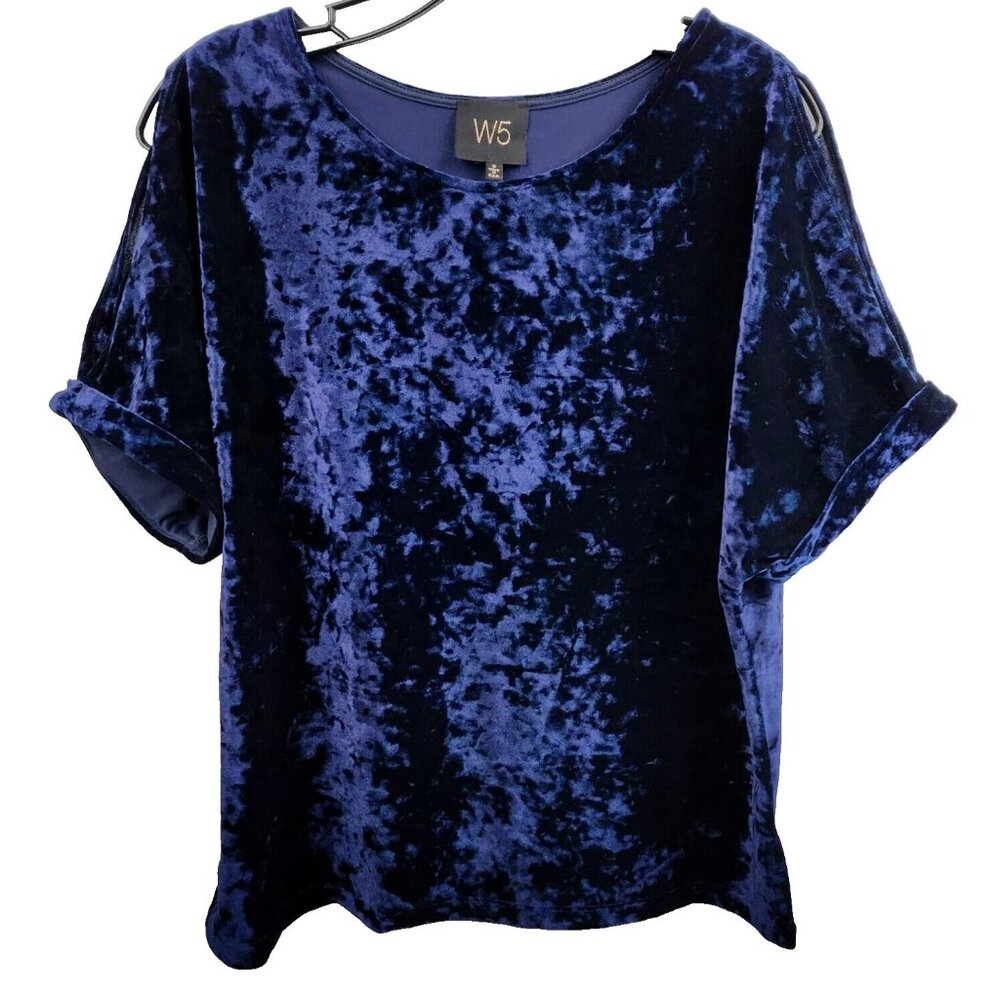 W5 Womens Top Size Small Royal Blue Velvet Short Sleeve Cold Shoulder Glam
